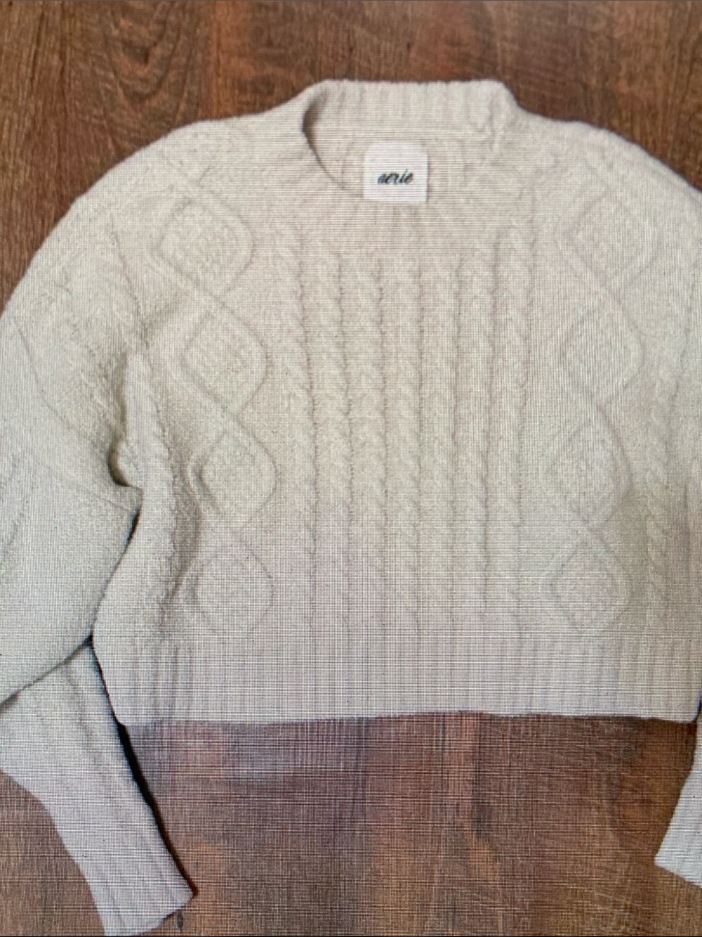 aerie Cream Cable-Knit Cropped Crewneck Sweater